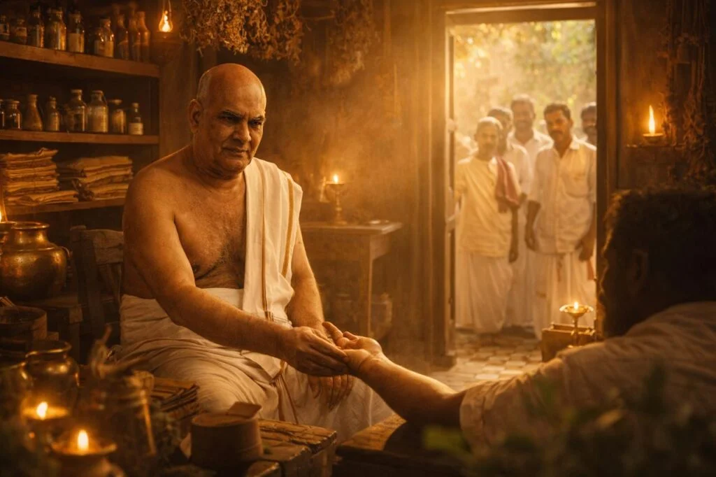 Ayurveda Aacharyan Shri Velayuthan Pillai treating a patient
